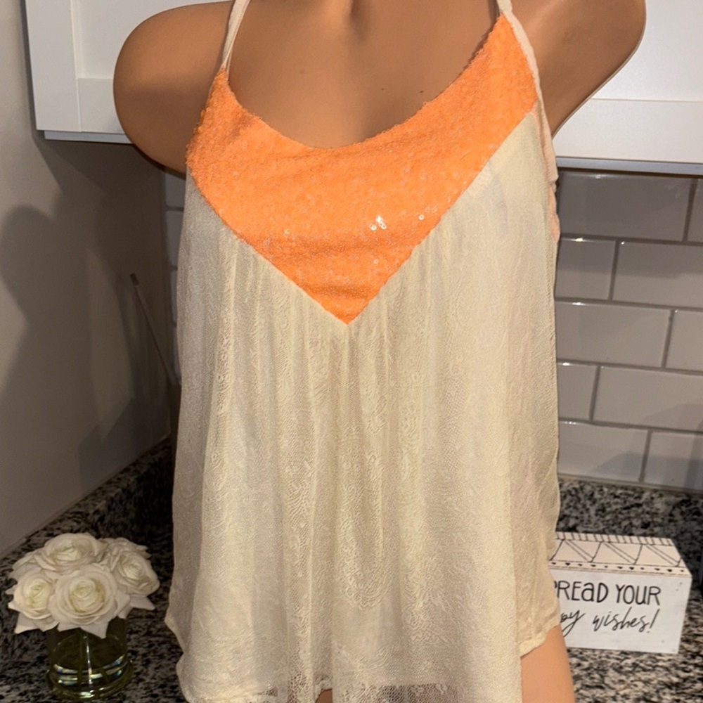 Miss Me Orange and Cream Lace Tank
